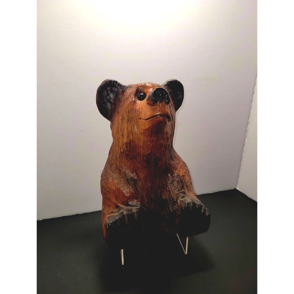 Vintage Hand Carved Bear Solid Wood Marble Eyes Medium 12" Monterey CA Wharf - Picture 3 of 16